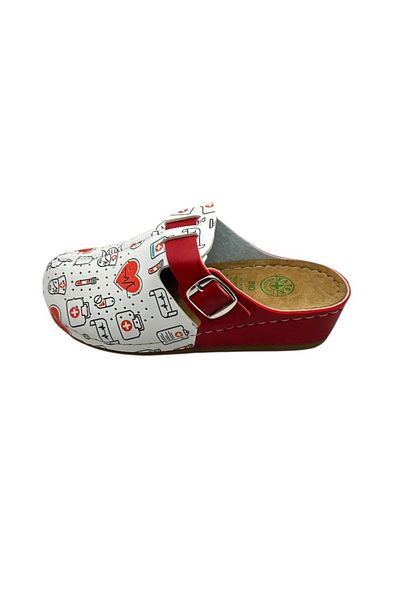 TECOS Sanitary Clogs for Women, White with Red and Medical Print, Size 38, 24 Centimeters