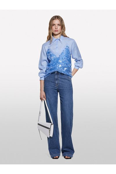 Sisley Women's Light Blue Sequined Tulle Detailed Lined V-Neck Strap Top