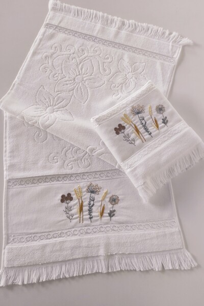 Sevim Floral Embroidered 2-Piece Hand Towel - Jacquard Velvet Face Towel - 100% Cotton - White