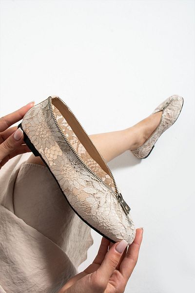 MissPapatya Bondy Beige Women's Daily Ballerinas with Processing Detail and Zipper