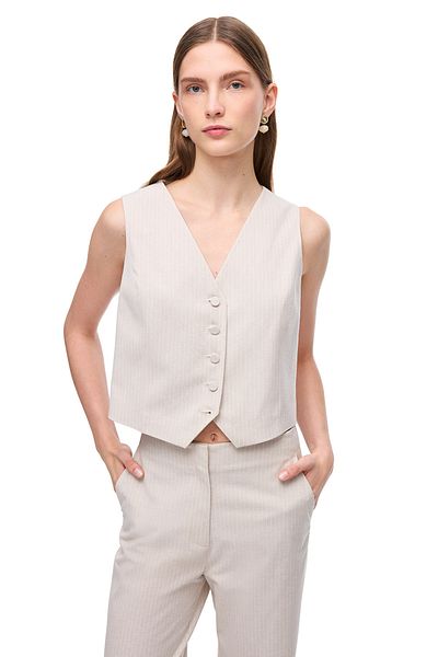 Perspective Beige Anyolite Slim Fit V-Neck Striped Vest