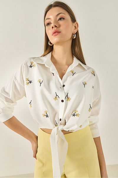 Bianco Lucci Cămașă scurtă din viscoză cu șireturi brodate cu margarete MG6282 60283243