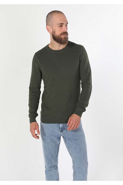Colin's Pulover verde pentru bărbați, cu gât rotund, jacquard