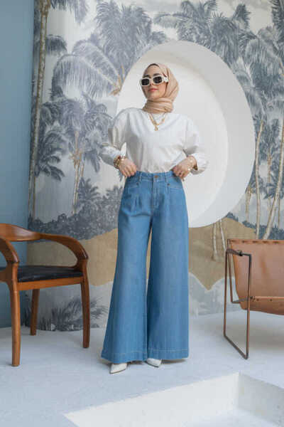 Neways 1165-Denim Bol Paça Pantolon Mavi