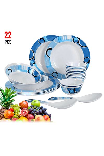 MACON 22-Piece Blue & White Melamine Dinnerware Set – Durable & Stylish Dining