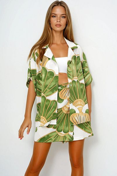 VAGGON Jacket Collar Oversize Poplin Shirt and Tie-Up Shorts Skirt Set