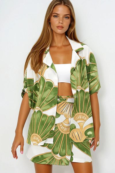 VAGGON Jacket Collar Oversize Poplin Shirt and Tie-Up Shorts Skirt Set