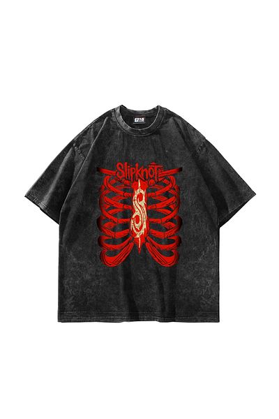 Sekizbiraltı Slipknot Red Printed Oversize Unisex Washed Μαύρο Tshirt