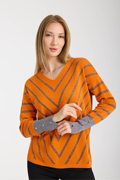 Moda Days Women's Orange Glitter V-Neck Sweater