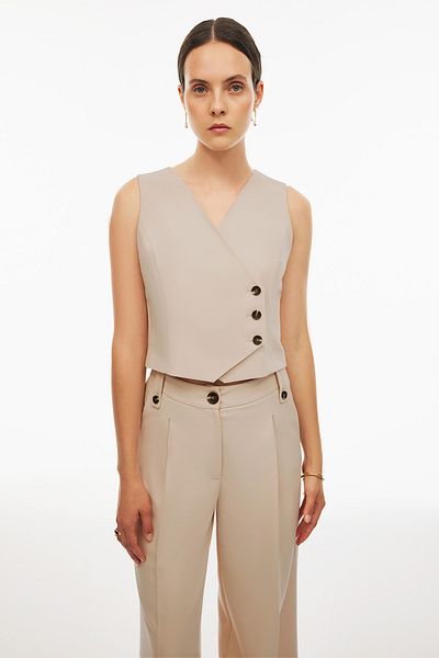 Perspective Fredos Comfortable Fit Short Length Zero Sleeve V-Neck Tea Tree Sand Color Women's Vest
