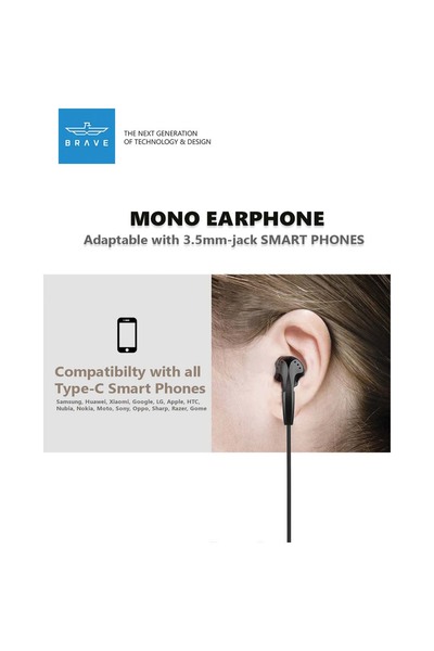 Brave سماعة رأس من النوع C مع ميكروفون وتحكم في مستوى الصوت، سماعة أذن أحادية USB-C لأجهزة iPhone وMacBook - أسود