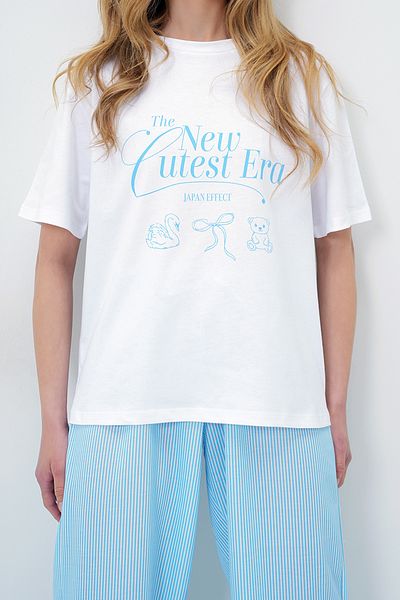 VAGGON Women's Blue Summer Printed Basic T-shirt And Striped Pants Knitted Pajama Set Pjmx13920