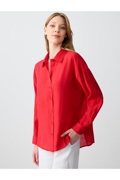 Jimmy Key Red Loose Shirt Collar Linen Shirt