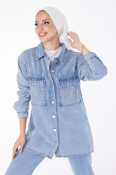 TOFİSA Blue Jewelled Plain Shirt Collar Double Set for Women - 25366