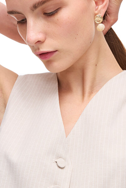 Perspective Beige Anyolite Slim Fit V-Neck Striped Vest