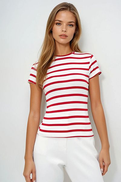 VAGGON Women's Red Crew Neck Half Sleeve Striped Crop Blouse Prmx13348