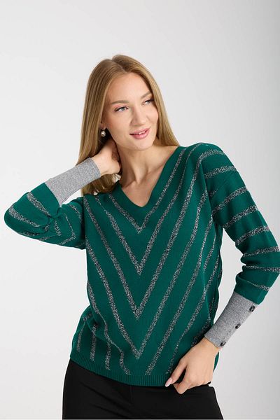 Moda Days Women's Dark Green Glitter V-Neck Sweater