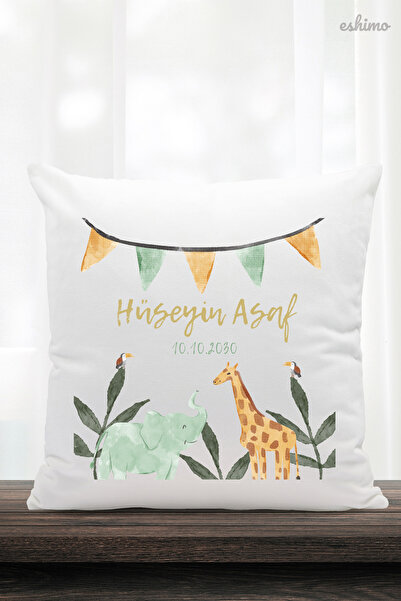 Eshimo Kişiye Özel Hayvan Figürlü İsim ve Tarih Baskılı Bebek Odası Yastığı
