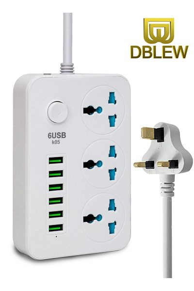 DBLEW 3 Way Universal Plugs Power Strips Extension Cords Adapter 6 USB Charging Ports 2 Meters Cable