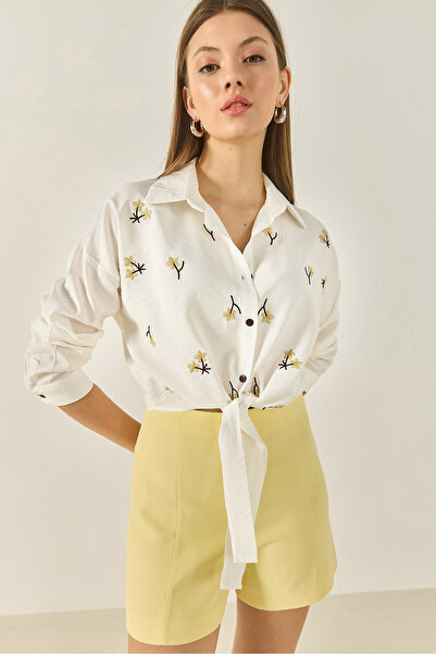 Bianco Lucci Women's Daisy Embroidered Lacing Detailed Short Viscose Shirt Mg6282 60283243