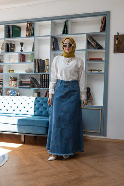 Neways 2290-Denim Parçalı Etek Koyu Mavi