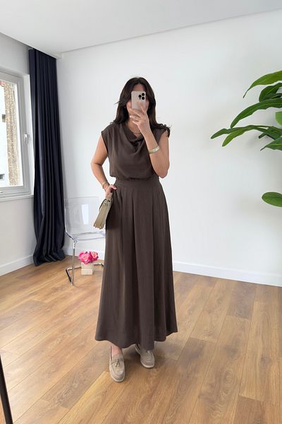 BİRCANÇİL Froza Bitter Brown Degaje Collar Skirt Suit