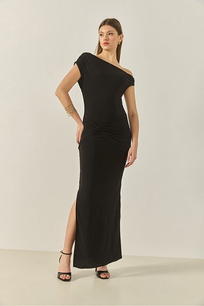 Bianco Lucci Women Boat Neck Knot Detail Slit Saran Candy Dress 60283248