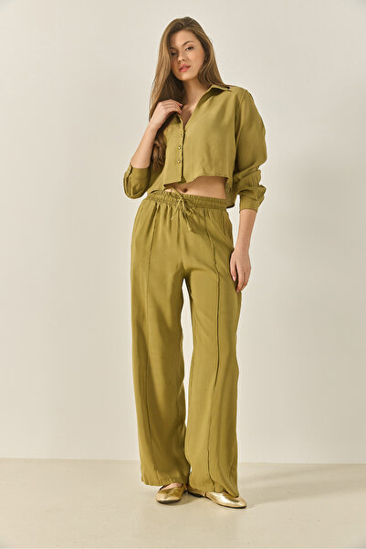 Bianco Lucci Γυναικείο πουκάμισο με λαιμόκοψη V με φαρδύ παντελόνι Loose Modal Σετ κάτω-πάνω 60409 60283255