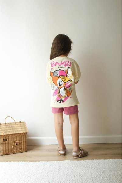 JELİBOOM Bambie Printed Summer Bottom Top Set Shorts Set Cream-Dark Pink