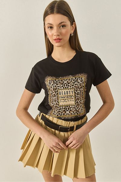 Bianco Lucci Women's Bcycic Collar Short Sleeve Stone Printed Leopard Detailed Regular Fit T-Shirt 1631 60283280