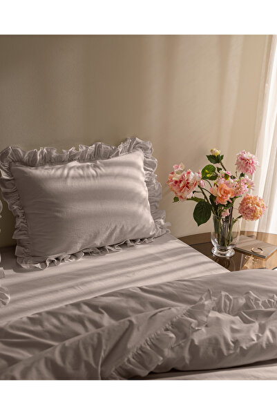 Madame Coco Obernai Double 100% Cotton Ruffled Plain Washed Duvet Cover Set - Beige