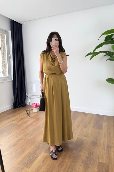 BİRCANÇİL Froza Camel Degaje Collar Skirt Suit