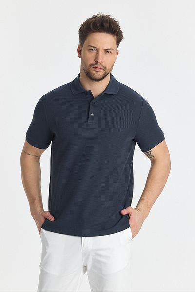 Frappoli Ανδρικό μπλουζάκι με λαιμόκοψη Walfer - Navy Blue, Lycra Cotton, Λεπτομέρεια γιακά, Slim Fit, Χωρίς μπούκλες
