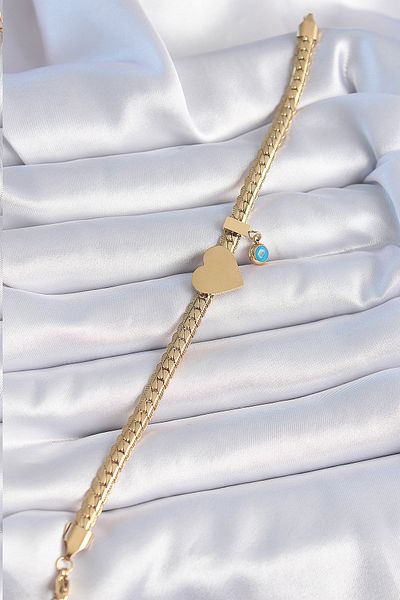 Skygo 316L Steel Gold Color Flat Chain Model Heart Figure Evil Eye Bead Detail Women's Bracelet - Tj-Bb6450