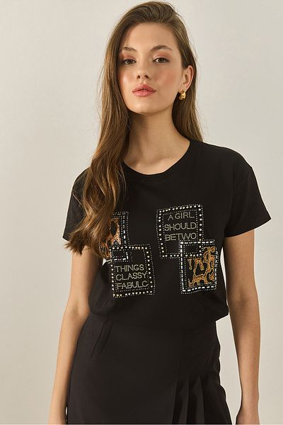 Bianco Lucci Women's Crew Neck Stone Printed Leopard Detailed Regular Fit Cotton T-Shirt 1844 60283286