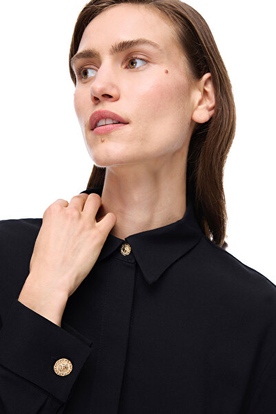 Perspective Μαύρο πουκάμισο με γιακά με χαμηλό μανίκι Seras Regular Fit Standard Size