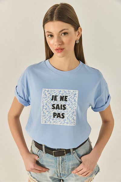 Bianco Lucci Tricou cu mânecă scurtă din bumbac imprimat cu decolteu pentru femei 5447 60283289