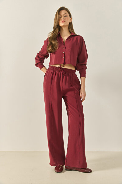 Bianco Lucci Women's V-Neck Shirt with Loose Pants Loose Modal Bottom-Top Suit 60409 60283255