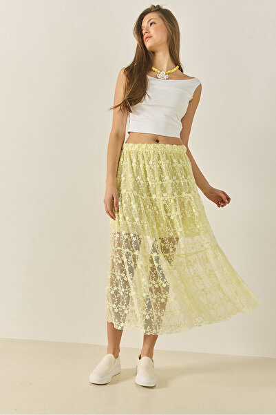 Bianco Lucci Women's Floral Lace Short Lined Flounce Regular Waist Long Skirt 6631 60283260