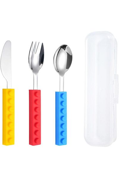 COOYA Set of 3 Interlocking Block Kids Silverware,with Toddler Knife,Non-BPA,Soft & Safe,for Kids