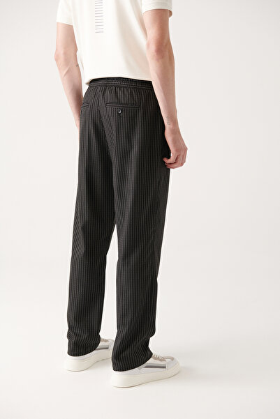 Avva Men's Black Elastic Waist Lace up Striped Stretchy Jogger Pants A31Y3023