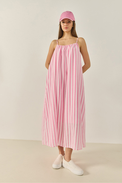 Bianco Lucci Women's Gather Detailed Thin Strap Striped Lined Modal Loose Dress 35429 60283250