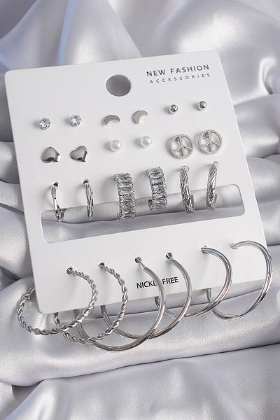 Skygo Brass Silver Color Zircon Stone Detailed 12 Pairs Women's Earrings Set - Tj-Bkp9682