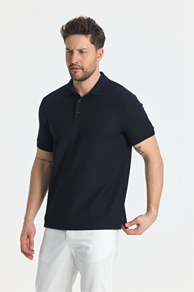 Frappoli Walfer Чоловічий темно-синій бавовняний трикотаж з еластаном, комір з деталями, облягаючий крій, некрутиться, поло-комір, футболка