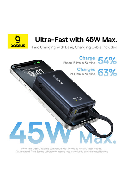 Baseus PicoGo 10000mAh Power Bank 45W Fast Charge Built-in USB-C Cable, Type-C & 22.5W USB-A - Black
