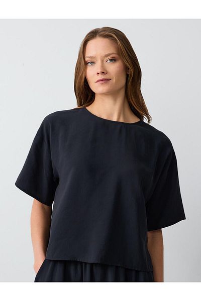 Jimmy Key Black Relaxed Cut Short Sleeve Round Neck Modal Woven Blouse