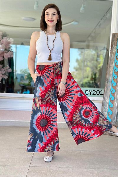 İnce Topuk Patterned Viscose Wide Leg Trousers 5Y201