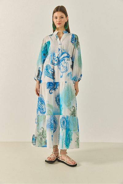 Bianco Lucci Women's V-Neck Patterned Lined Flounce Long Linen Dress 3032 60283274