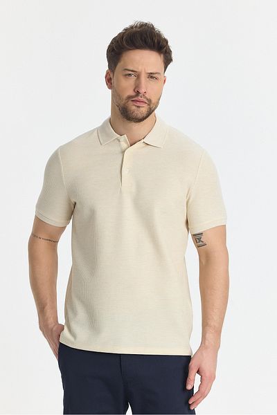 Frappoli Μπεζ Slim Fit Polo Neck T-Shirt - Nikol, Μίγμα βαμβακιού και λύκρας, εφέ μελανζέ