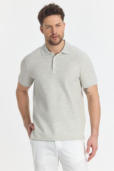 Frappoli Ανδρικό γκρι μπλουζάκι με γιακά πόλο - Nikol, Slim Fit, Πέτο χωρίς μπούκλες, Μελανζέ εφέ, Μείγμα βαμβακιού